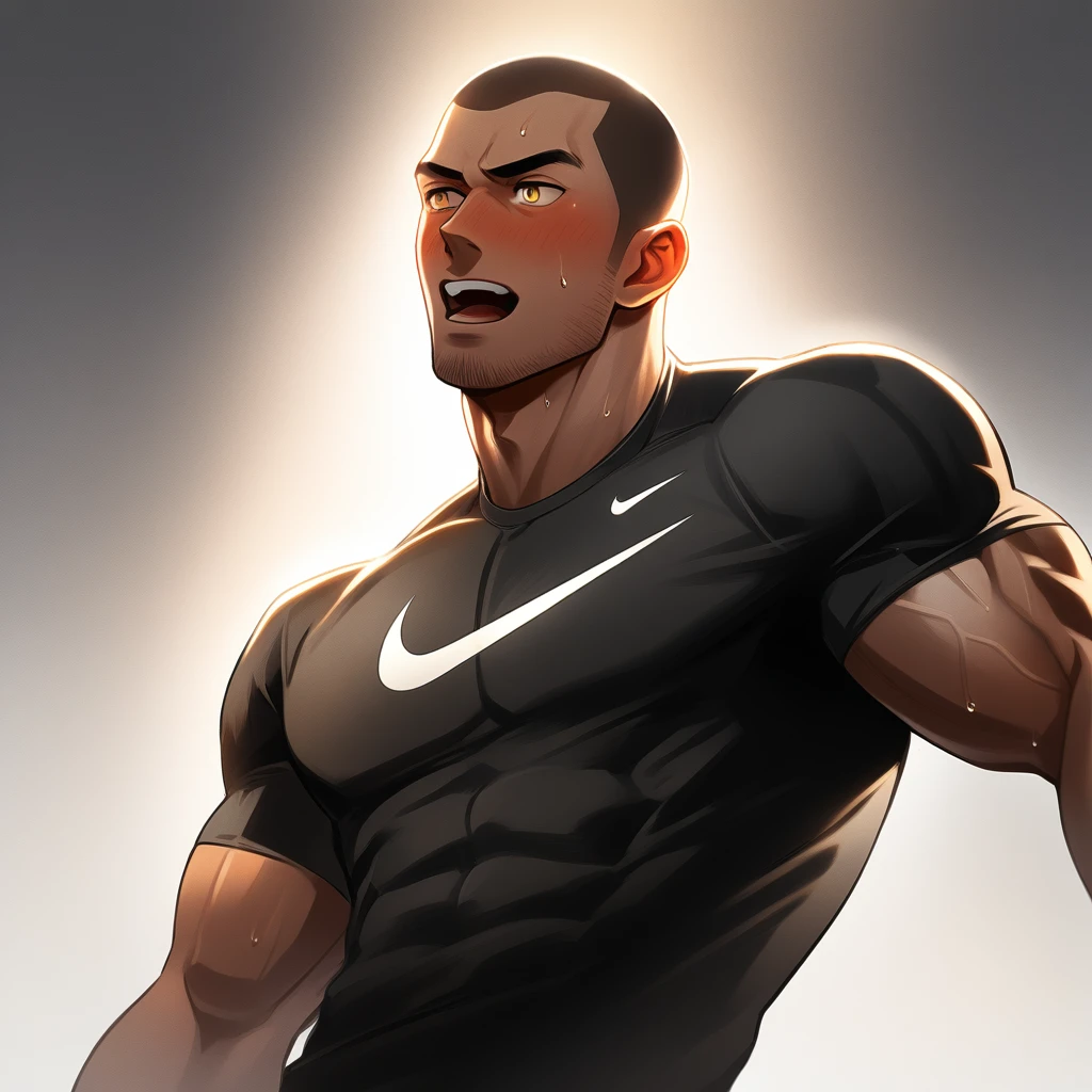 1muscular sportsman, Athlete, male focus, Buzz Cut, Yellow and black tight T-shirt, There is a Nike logo on the chest, Very tight, muscular male, muscular, only, Upper body, alone, look to the side, short hair, stubble, sweat, black hair, Yellow eyes, open lips, White background, simple background, amazing quality, best aesthetics, Ridiculous, crew cut, moaning, blush, chiaroscuro, cinematic lighting, best quality, textured skin