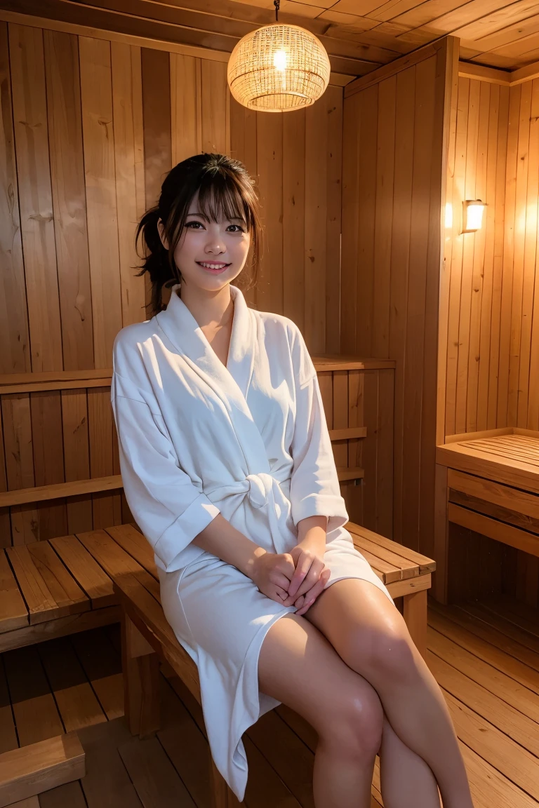 A beautiful woman relaxing in a luxurious sauna and spa. The scene is set in a serene and elegant environment, with warm lighting and a tranquil ambiance. The woman is wearing a comfortable spa robe, her hair is gently tied back, and she has a peaceful smile on her face. The sauna room features wooden benches and soft steam, while the spa area includes a bubbling hot tub and soothing water features. Candles and soft towels add to the relaxing atmosphere. The overall setting should convey relaxation, comfort, and rejuvenation.