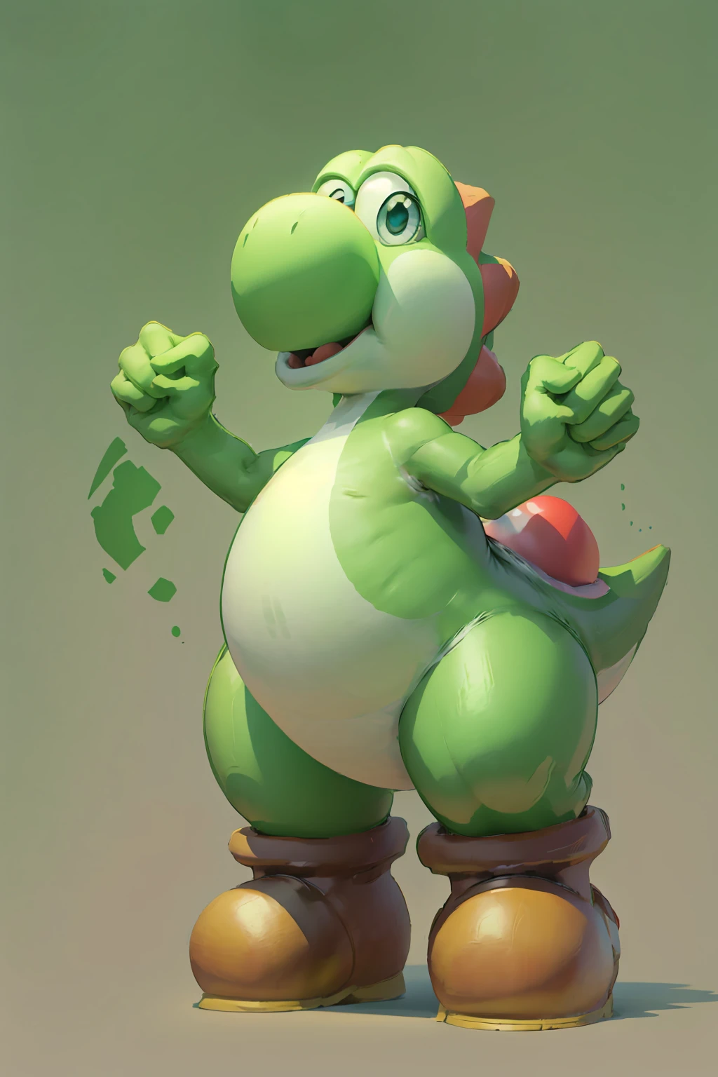 Green dinosaur, with boots, big nose, big eyes, long tail, character from Mario Bros, Nintendo, stands happy, looking at the viewer,