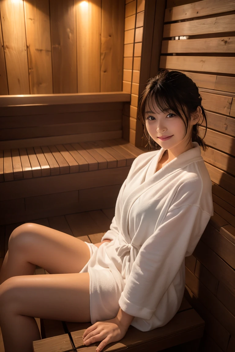 A beautiful woman relaxing in a luxurious sauna and spa. The scene is set in a serene and elegant environment, with warm lighting and a tranquil ambiance. The woman is wearing a comfortable spa robe, her hair is gently tied back, and she has a peaceful smile on her face. The sauna room features wooden benches and soft steam, while the spa area includes a bubbling hot tub and soothing water features. Candles and soft towels add to the relaxing atmosphere. The overall setting should convey relaxation, comfort, and rejuvenation.