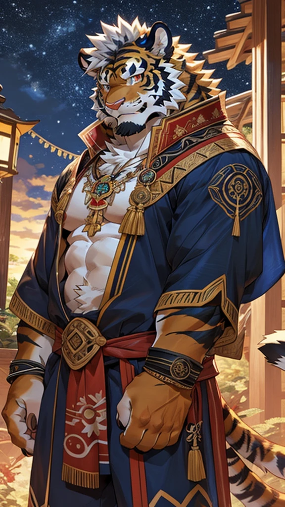 Solo, tiger, black tiger, tiger male, gray hair, white body fur, muscular male, elder male, light red eyes, wearing nothing,gray fur tuft, eastern necklace, star night background, ( by Sollyz, masterpiece, 8k, hd), Looking at viewer, smiling, detailed face, detailed eyes, detailed hair, detailed muscles, detailed clothes, Genshin, nsfw, nude lower body, big penis, jerking cock, cum on full body,