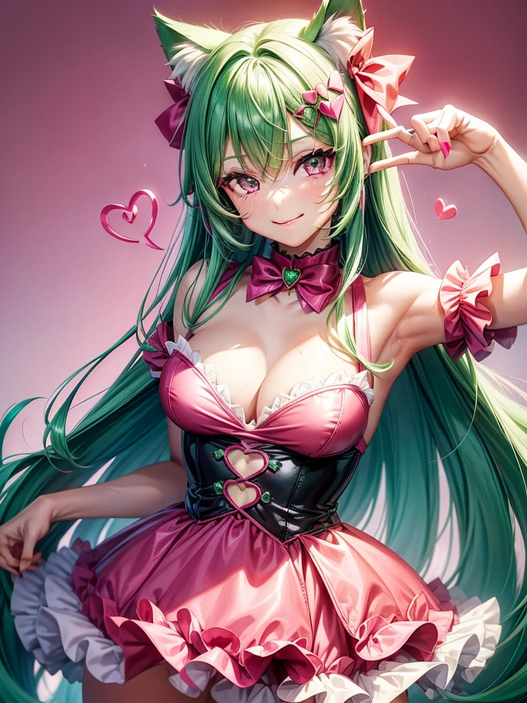 (( bright pink emerald green hair color)), pink eyes,sexy woman, cat ears, hearts, floating hearts, face only,  long hair, smiling, hair ornament, up close face, closed mouth smile, up closeface, hair bows, sexy body 