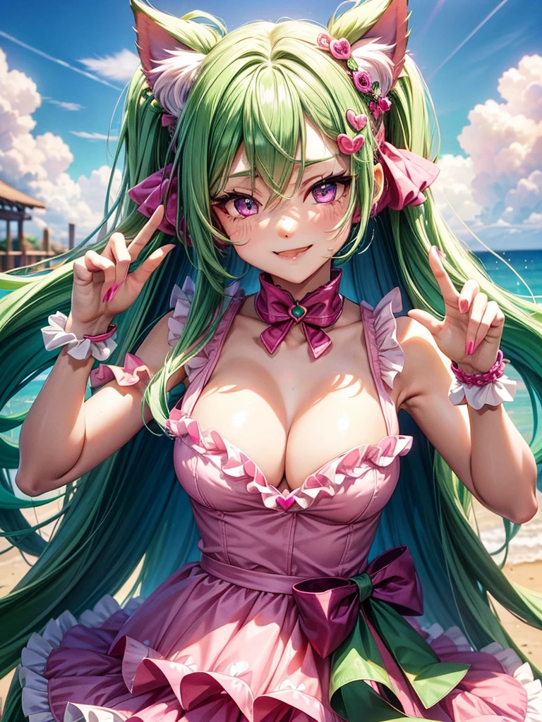(( bright pink emerald green hair color)), pink eyes,sexy woman, cat ears, hearts, floating hearts, face only, long hair, smiling, hair ornament, up close face, closed mouth smile, up closeface, hair bows, sexy body