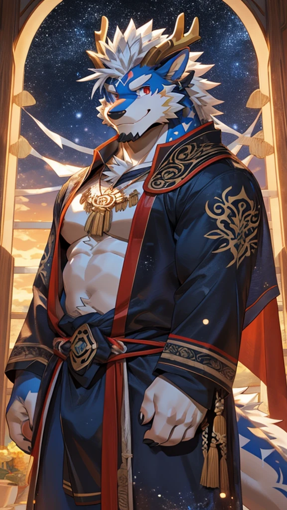 Solo, dragon, white dragon, eastern dragon male, gray hair, white body fur, muscular male, elder male, light red eyes, wearing nothing,gray fur tuft, eastern necklace, star night background, ( by Sollyz, masterpiece, 8k, hd), Looking at viewer, smiling, detailed face, detailed eyes, detailed hair, detailed muscles, detailed clothes, Genshin, nsfw, nude lower body, big penis, jerking cock, cum on full body,