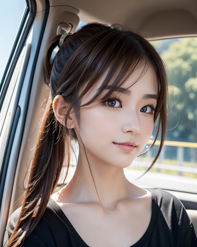 (Highest quality, 32k, High resolution, Masterpiece:1.5, ), marimo_jet, god々A photograph with brilliant dazzling and healing power., Evoking a sense of calm and elusive beauty, Expressing emotions, Have a rich imagination, The road to the horizon, Nostalgic scenery of youth, Beautiful Japanese Girls, An exceptionally beautiful face, Small Face Beauty, Perfect Human Anatomy, Magical big eyes, Motherhood and generosity, Deep Love, fleeting smile, ((Shiny brown hair:1.1)), ((A beautiful ponytail swaying in the wind)), Asymmetrical bangs, Hair between the eyes, Transparent, soft white skin, Sharp eyebrows, Thin lashes, Natural Makeup, Cheek highlighter, Pale pink detailed lips, (Oversized black t-shirt:1.3), High resolutionの美しい太もも, Beautiful legs, ((California Highway:1.2)), ((The road to the horizon路)), Beautifully detailed skies, ((Shining in the morning sunlight)), Professional photographer, Professional Lighting, Professional models, god秘的