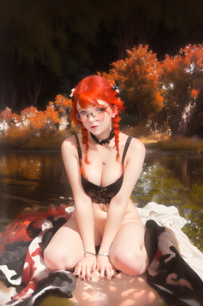 there is a woman sitting on a blanket on the ground, redhead girl, cute young redhead girl, redhead, good young girl, ( redhead, girl, bottom angle, with black pigtails, young and cute girl, pigtail, short redhead, pigtails, long pigtail, cute young girl, red haired goddess, with glasses, cute girl, nude girl, nude, nude, nude