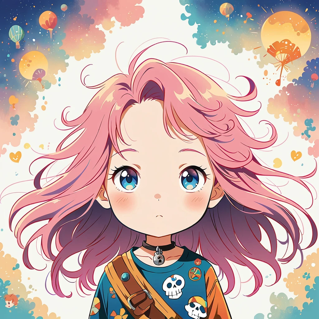 akira toriyama style、pink hair anime girl, SKULL fashion, anime style 4 k, Decora style illustration, anime art wallpaper 4k, anime art wallpaper 4k, anime wallpaper 4k, anime wallpaper 4k, anime style. 8K, anime atmosphere, anime art wallpaper 8k, anime style illustration, anime art style, anime styled, cute detailed digital art