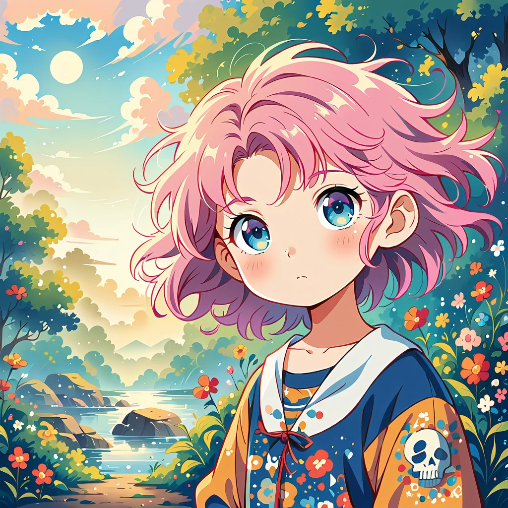 akira toriyama style、pink hair anime girl, SKULL fashion, anime style 4 k, Decora style illustration, anime art wallpaper 4k, anime art wallpaper 4k, anime wallpaper 4k, anime wallpaper 4k, anime style. 8K, anime atmosphere, anime art wallpaper 8k, anime style illustration, anime art style, anime styled, cute detailed digital art