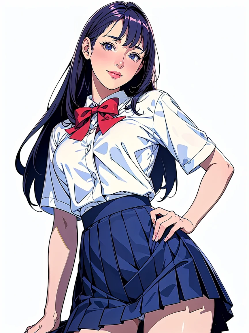 (Highest quality、Masterpiece、8K、Highest quality、Hyperrealism、Ultra HD)、(White polyester collared blouse:1.2)、(Navy Pleated Skirt:1.5)、( Red bow tie on chest:1.1)、Perfect Style、Perfect body line、Large Breasts、Slender body、Perfect beautiful anime style、Smooth anime CG art、(The simplest pure white background:1.1)、standing elegantly、(Panties shot from below:1.1)、 can see her panties:1.1)、Embarrassed expression、smile