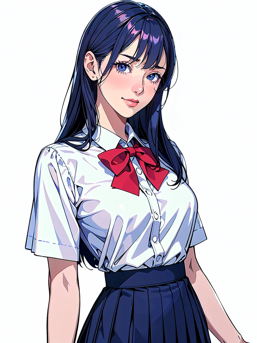 (Highest quality、Masterpiece、8K、Highest quality、Hyperrealism、Ultra HD)、(White polyester collared blouse:1.2)、(Navy Pleated Skirt:1.5)、( Red bow tie on chest:1.1)、Perfect Style、Perfect body line、Large Breasts、Slender body、Perfect beautiful anime style、Smooth anime CG art、(The simplest pure white background:1.1)、standing elegantly、(Panties shot from below:1.1)、 can see her panties:1.1)、Embarrassed expression、smile