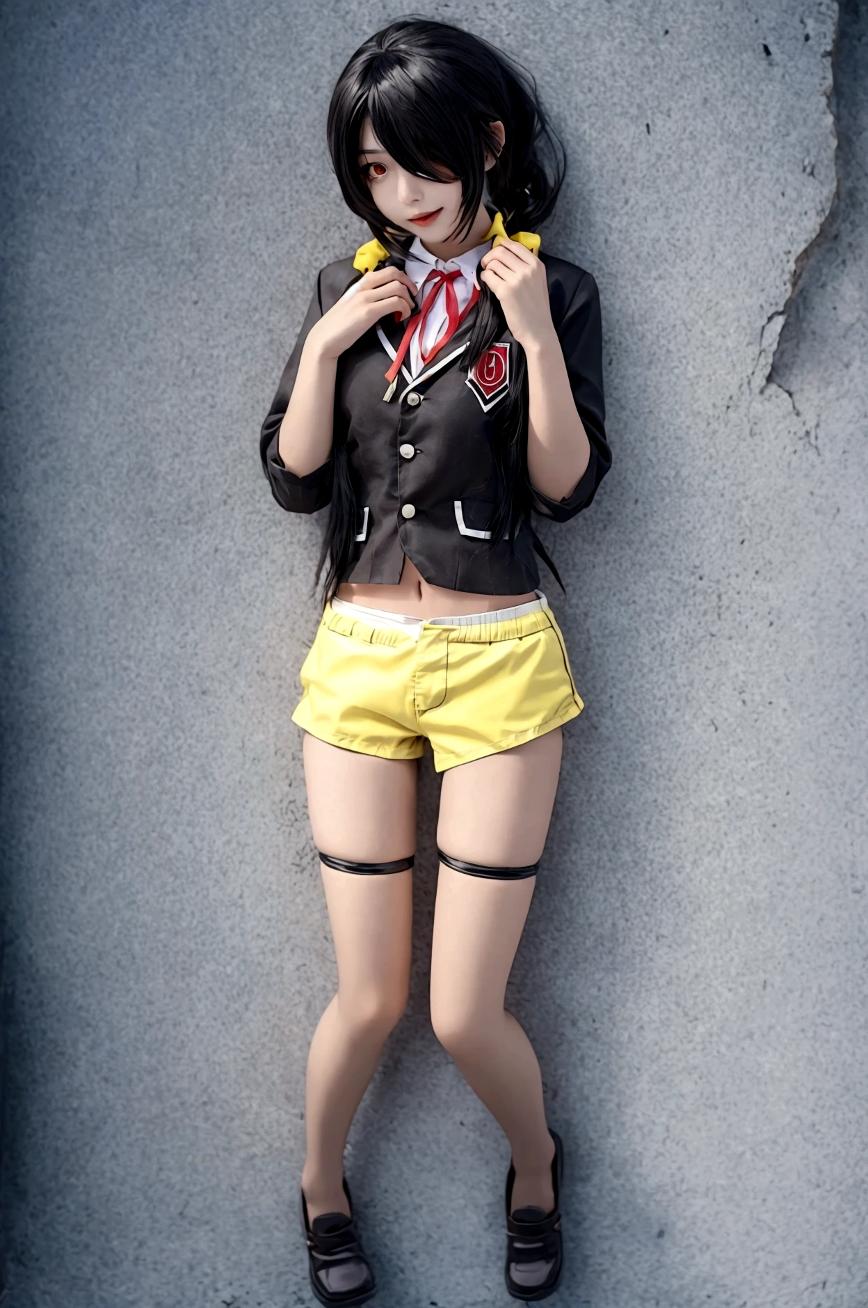 ultra-detailed,highly detailed,best quality,masterpiece,illustration,realistic, photo,photorealistic,
1girl, ((tokisaki kurumi)), cosplay, hair over one eye, (right red eye, left yellow eye), looking at viewer, happy girl, ponytail, ((bikini)), (((hotpants))), hair rings, loafers,
(Outdoors), walking, beach
