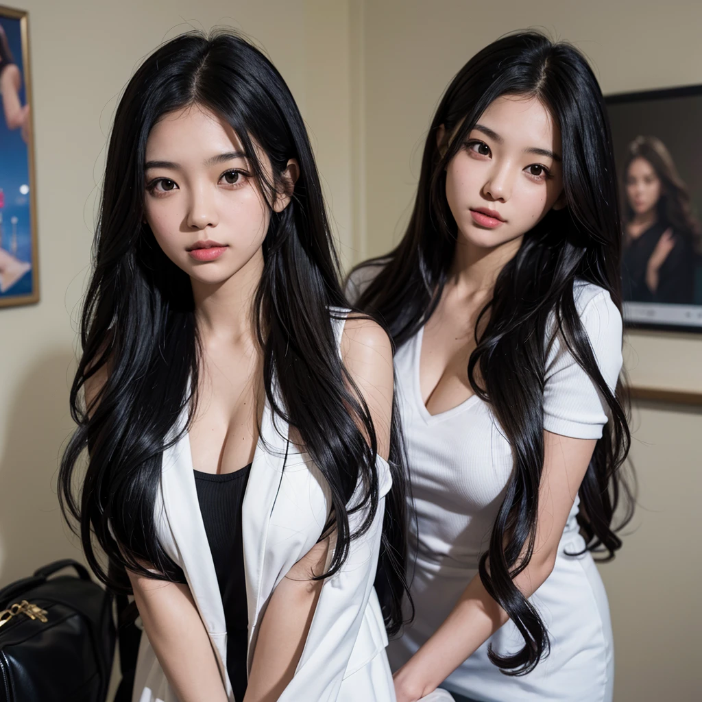 yearbook photo of a girl with long wavy black hair, with plain background, bust shot