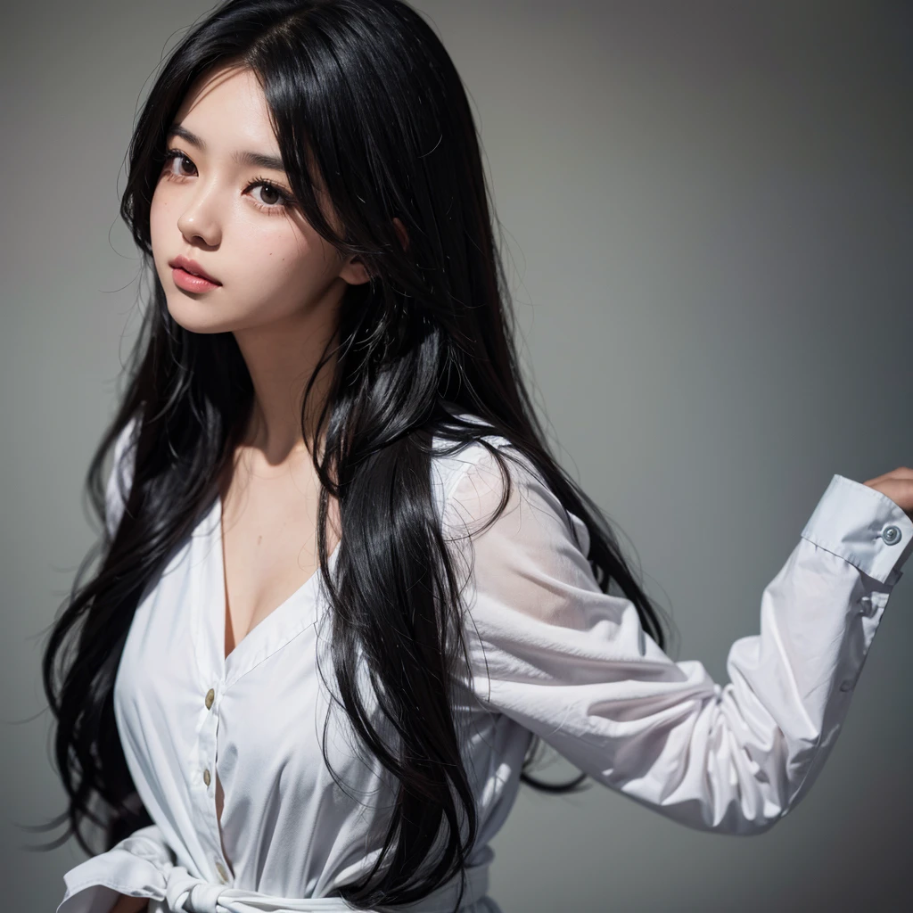 yearbook photo of a girl with long wavy black hair, with plain background, bust shot
