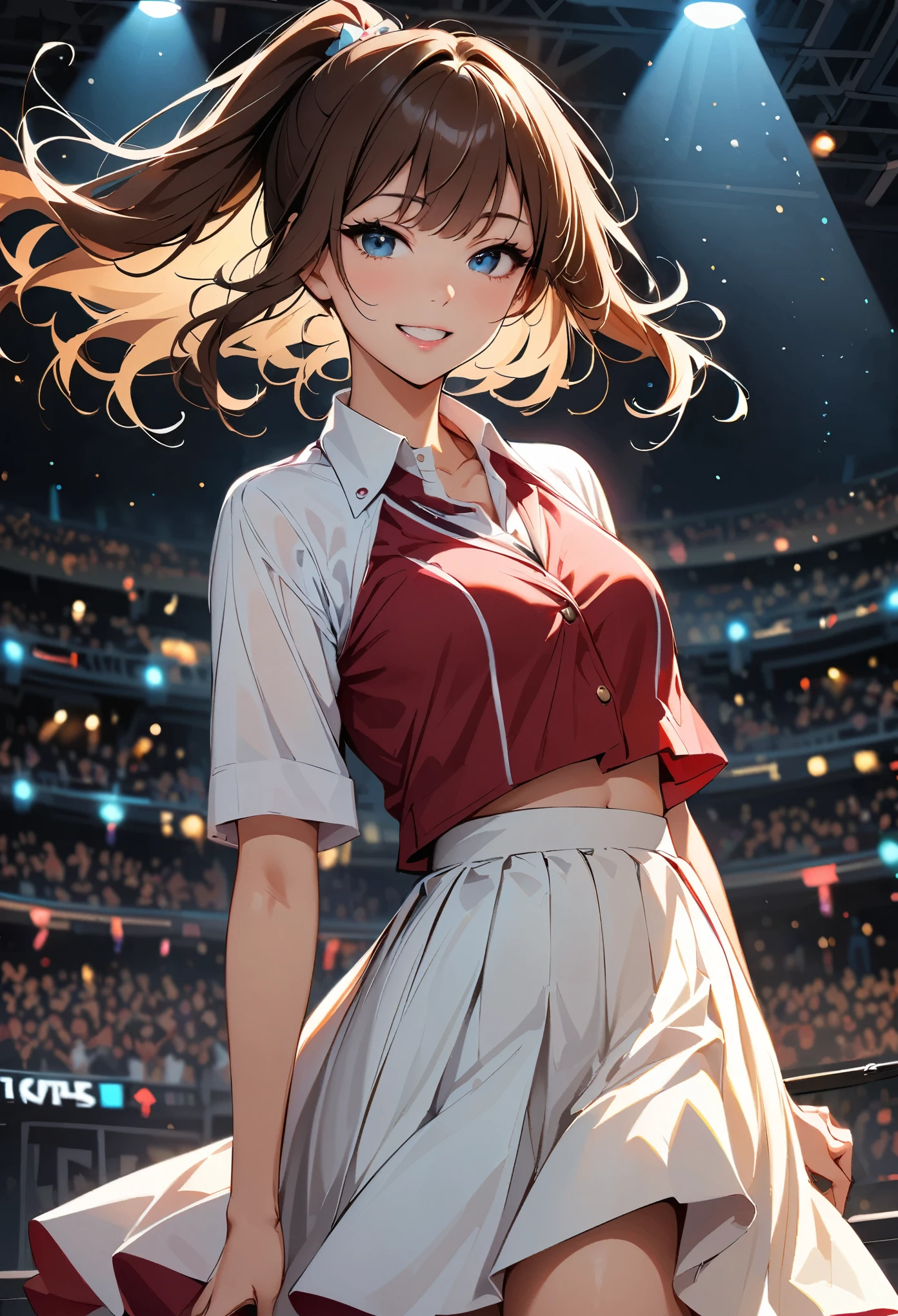 Iris, woman1名, (woman)), alone, Genuine, Highest quality, photoGenuineistic, masterpiece, 8K, High Definition, alone, HDTV Face, Soft lighting, stage, ((Daytime)), null, (looking at the camera), (Portraiture: 0.6), whole body, (Medium Hair), ponytail:1.1, Brown Hair, Floating Hair, lips, lipstick, seductive smile, Floating Hair, smile, Open your mouth, teeth, eyelash, Nogizaka46, Idol, beautiful girl, ((Idolユニフォーム)), (((Are standing))