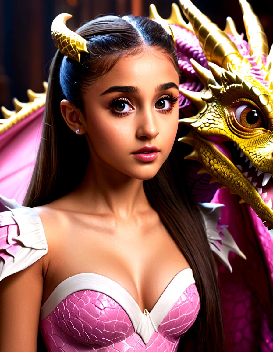 1 girl, Ariana Grande, 25 years old, beautiful detailed eyes, beautiful detailed lips, extremely detailed face and features, longeyelashes, princess dress, pink, dragon's lair, scolding dragon, bopping dragon's nose, messy lair, no bed, high fantasy, bones and gold scattered around hap hazard(best quality,4k,8k,highres,masterpiece:1.2),ultra-detailed,(realistic,photorealistic,photo-realistic:1.37),concept art, vivid colors, dramatic lighting, cinematic