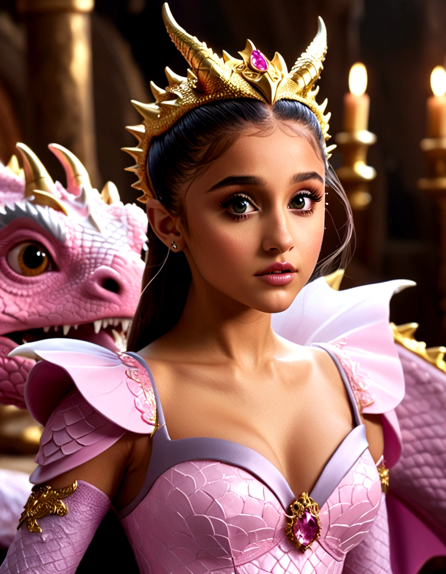 1 girl, Ariana Grande, 25 years old, beautiful detailed eyes, beautiful detailed lips, extremely detailed face and features, longeyelashes, princess dress, pink, dragon's lair, scolding dragon, bopping dragon's nose, messy lair, no bed, high fantasy, bones and gold scattered around hap hazard(best quality,4k,8k,highres,masterpiece:1.2),ultra-detailed,(realistic,photorealistic,photo-realistic:1.37),concept art, vivid colors, dramatic lighting, cinematic