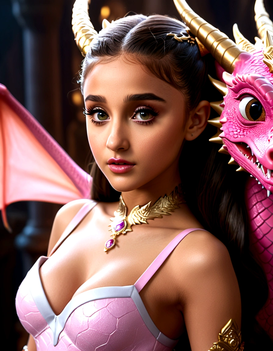 1 girl, Ariana Grande, 25 years old, beautiful detailed eyes, beautiful detailed lips, extremely detailed face and features, longeyelashes, princess dress, pink, dragon's lair, scolding dragon, bopping dragon's nose, messy lair, no bed, high fantasy, bones and gold scattered around hap hazard(best quality,4k,8k,highres,masterpiece:1.2),ultra-detailed,(realistic,photorealistic,photo-realistic:1.37),concept art, vivid colors, dramatic lighting, cinematic