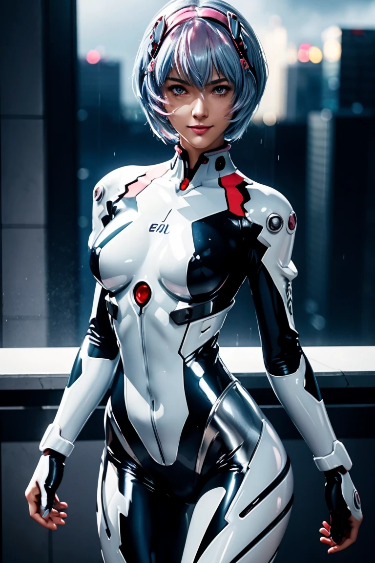 Evangelion,Rei Ayanami,Silver Blue Hair,Red eyes,Red Eyes,Plug Suit,Bodysuits,Interface Headset,白いBodysuits,Ultra HD,super high quality,masterpiece,Digital SLR,Photorealistic,Detailed details,Vivid details,Depicted in detail,A detailed face,Detailed details,Super Detail,Realistic skin texture,Anatomical basis,Perfect Anatomy,Anatomically correct hand,Anatomically correct fingers,Complex 3D rendering,Sexy pose,Rainy Sky,Beautiful scenery,Fantastic rainy sky,Picturesque,Pink Lips,smile,