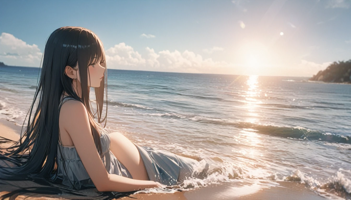 One Girl, Black and long straight hair, Sharp Hair, Facial Contour, Remember, , At the Beach, splash, Lens flare, noon, bright, Natural Color, High resolution, Very delicate, Very detailed, 8K,Ocean,Tropical atmosphere,Relaxing