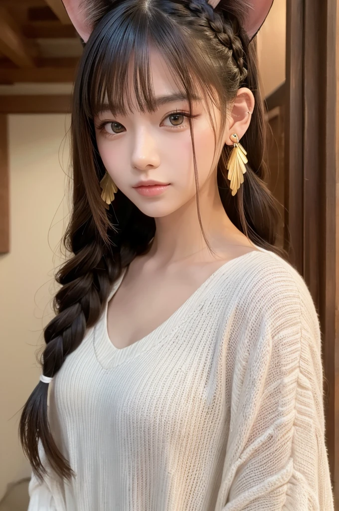 masterpiece, Highest quality, High resolution, Asato, Long Hair, Half Up, Braiding, Hair between the eyes, Animal ears, earrings, Cat's Tail, chest, Frills, Black Ascot, Red Dress, (Sleeves are longer than the wrist:1.2), Black knee socks, Cowboy Shot, Are standing, Seaside, smile, Open your mouth