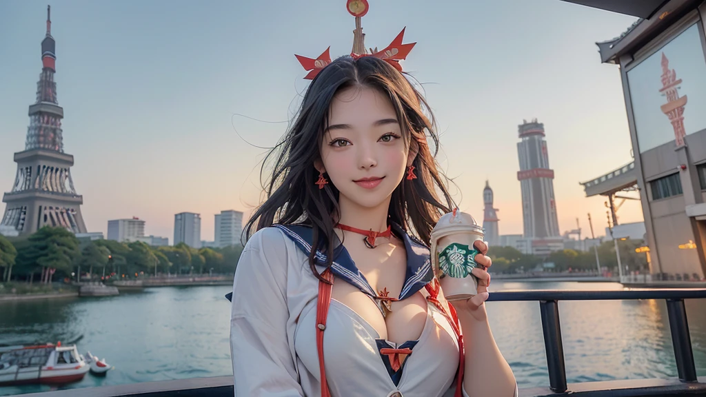 8K、RAW Photos、Highest quality、Super detailed、Super Resolution、Ultra HD、8K壁紙、Amazing details
(((Starbucks outdoor cafe、16 year old high school girl in sailor suit)))、Eat cake、Drink coffee、smile、Heart Necklace((Emphasize cleavage))
(Full body photo)
(((((You can see the red Tokyo Tower)))))
