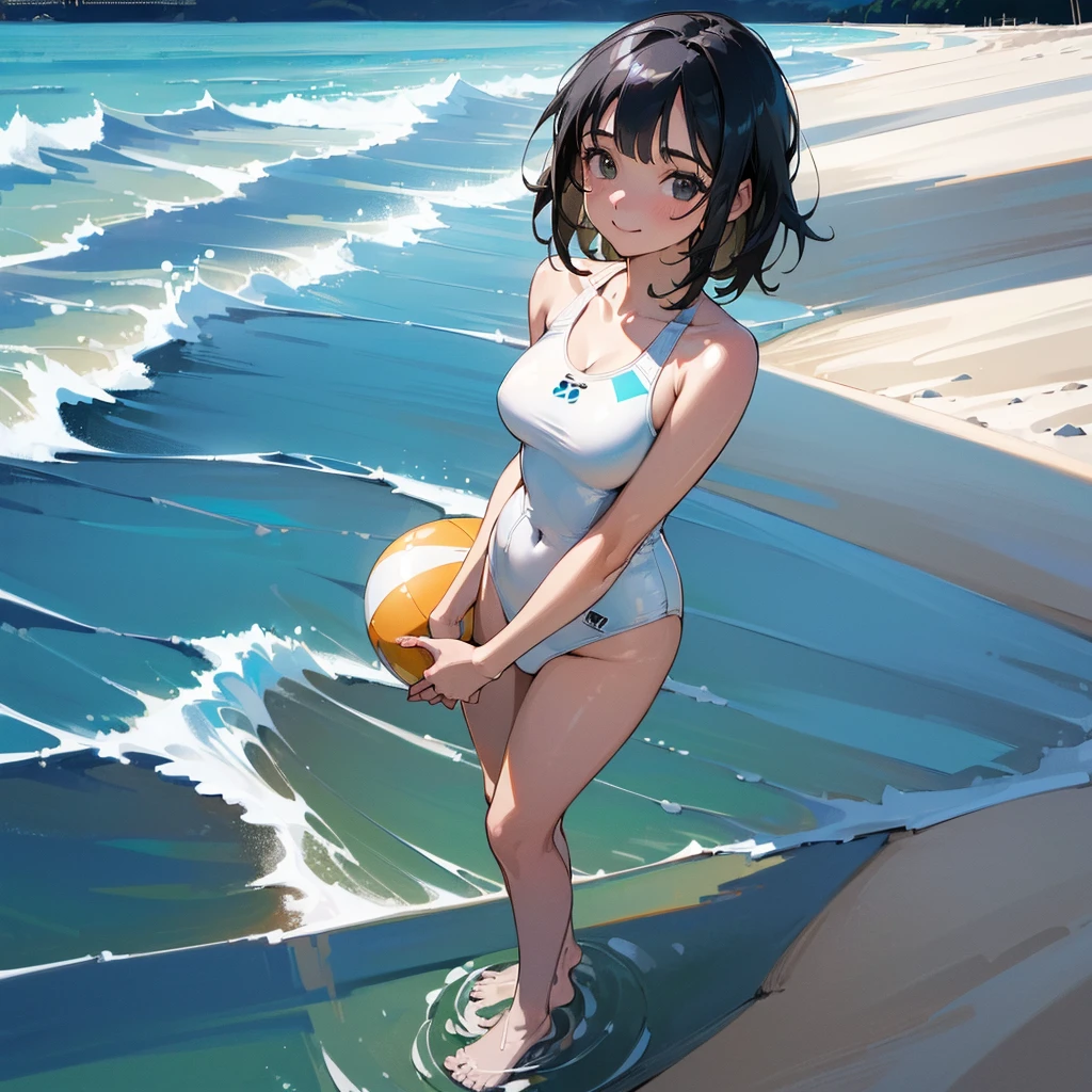 (high quality, High resolution, Very detailed, reality:1.37), Peaceful atmosphere, (Sandy Beach), age girl standing alone, (my breasts are big.), Beautiful details, Cute Smile, (Black bob hair), One piece swimsuit, barefoot.