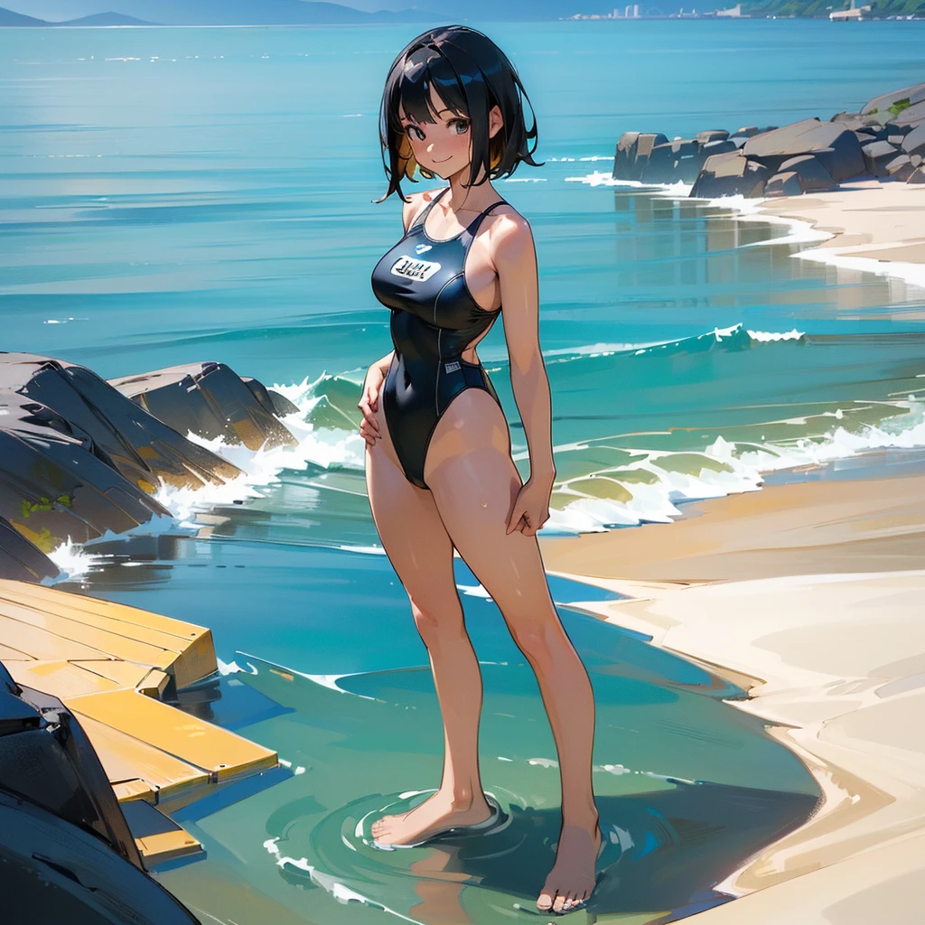 (high quality, High resolution, Very detailed, reality:1.37), Peaceful atmosphere, (Sandy Beach), age girl standing alone, (my breasts are big.), Beautiful details, Cute Smile, (Black bob hair), One piece swimsuit, barefoot.