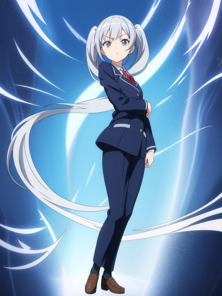 1girl, anime girl, silver hair, long twintails, silver eyes, dark blue school suit, anime wallpaper style, anime background scene