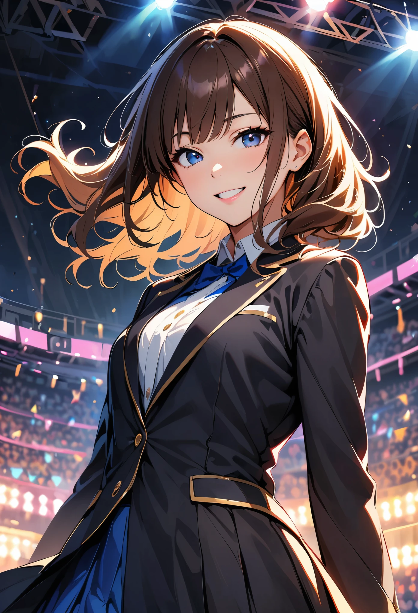 Iris, woman1名, (woman)), alone, Genuine, Highest quality, photoGenuineistic, masterpiece, 8K, High Definition, alone, HDTV Face, Soft lighting, stage, ((Daytime)), null, (looking at the camera), (Portraiture: 0.6), whole body, (Medium Hair), ponytail:1.1, Brown Hair, Floating Hair, lips, lipstick, seductive smile, Floating Hair, smile, Open your mouth, teeth, eyelash, Nogizaka46, Idol, beautiful girl, ((Idolユニフォーム)), (((Are standing))