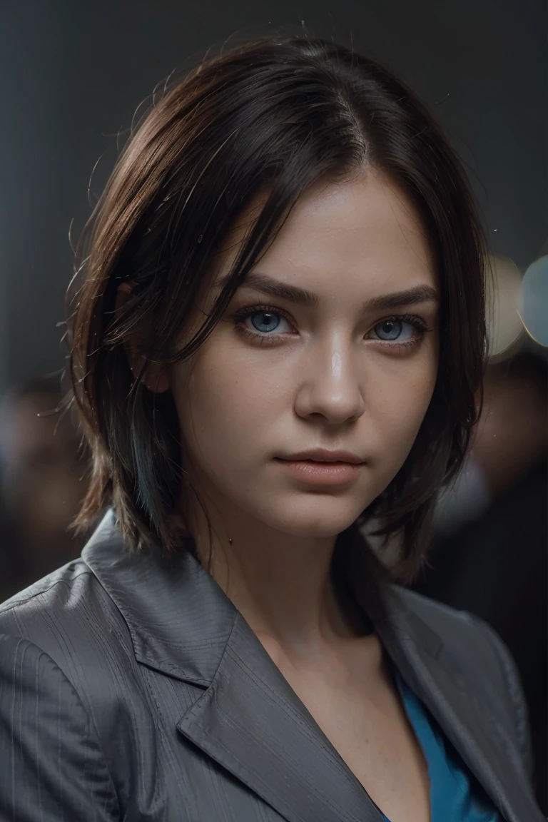 (masterpiece:1.2, Best quality), A high resolution, ultra detailed, HDR, masterpiece, very detailed face and eyes, confident expression, young woman, business style, trousers, hair with dark roots transitioning to blue tips, 18 years, Squint, ( nice and clear background: 1.2), (extremely detailed graphics, Super detailed, The best shadows: 1.1), ((depth of field)), haircut