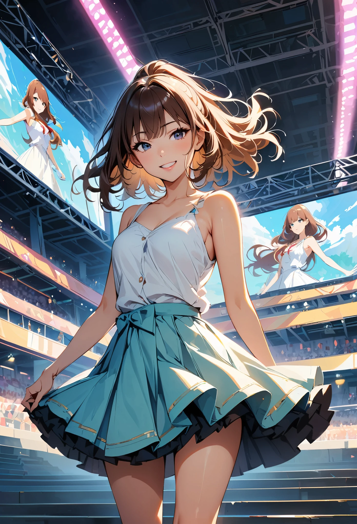 Iris, woman1名, (woman)), alone, Genuine, Highest quality, photoGenuineistic, masterpiece, 8K, High Definition, alone, HDTV Face, Soft lighting, stage, ((Daytime)), null, (looking at the camera), (Portraiture: 0.6), whole body, (Medium Hair), ponytail:1.1, Brown Hair, Floating Hair, lips, lipstick, seductive smile, Floating Hair, smile, Open your mouth, teeth, eyelash, Nogizaka46, Idol, beautiful girl, ((Idolユニフォーム)), (((Are standing))