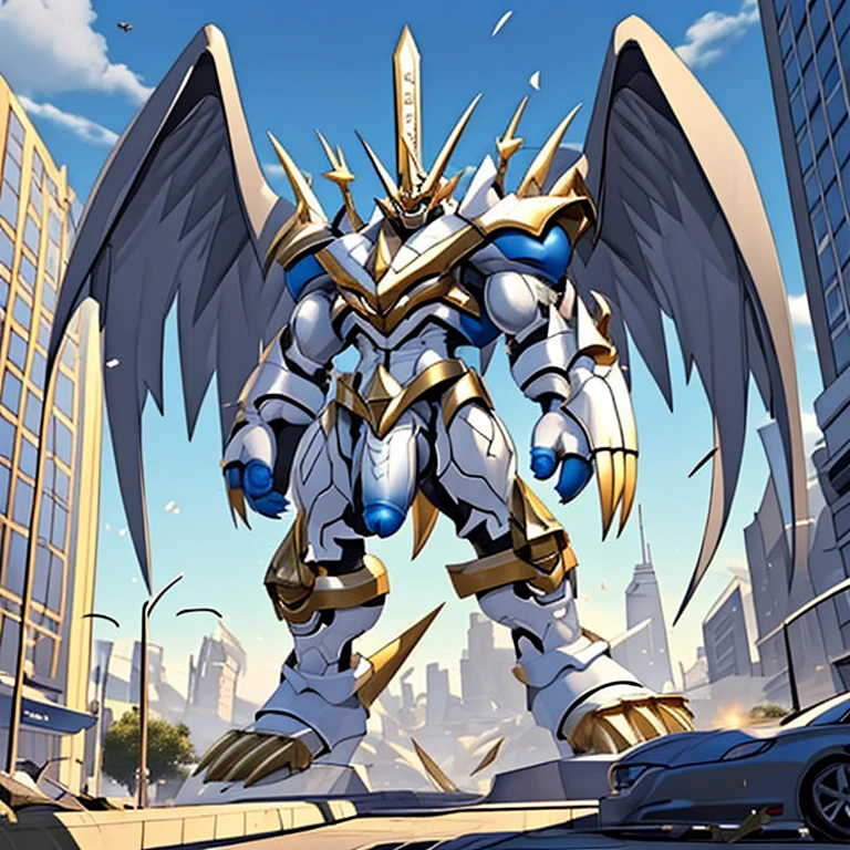 (solo. masterpiece. official art. 8k. best quality. detailed full body. full body.)
 
(situation 1 : dominating Imperialdramon_Paladin_Mode. Imperialdramon_Paladin_Mode is over 1000 meters long. focus GIANT mechanical Muscular Imperialdramon_Paladin_Mode is trampling the city. Looking down. macro. stomp. Low-angle perspective. emphasizing the immense size.)

(situation 2 :smoke and flames rising from the destruction in the city)

(Additional details 1: wearing a full-face helmet. armor. sword. holding a sword. gauntlet.).

(Additional details 2: (Detailed head. Detailed Body. Detailed abs. gigantic muscles. HYPER MUSCLES. Gigachad Muscular. big muscle. pecs. triceps. traps. unusually developed muscular body. body full of huge muscles. showing off muscles. pectorales enormes. Exaggeratedly huge muscles. huge muscles. long legs.).

(Additional details 3: Spread wings. It has wings. have big wings. The claws are sharp. Sharp teeth.).

(Additional details 4: hyper penis. hyper golden penis. big penis)