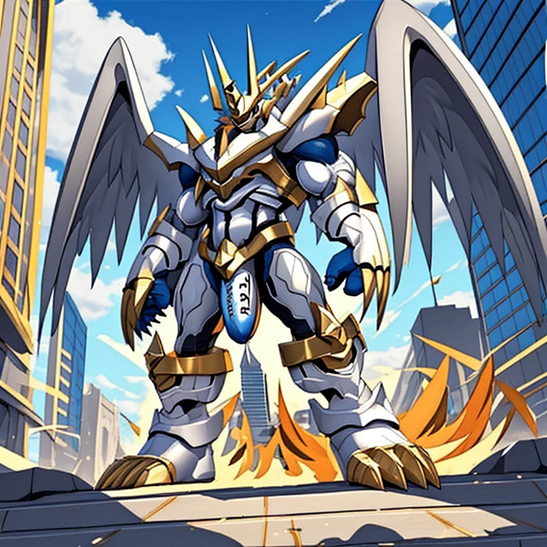 (solo. masterpiece. official art. 8k. best quality. detailed full body. full body.)
(situation 1 : dominating Imperialdramon_Paladin_Mode. Imperialdramon_Paladin_Mode is over 1000 meters long. focus GIANT mechanical Muscular Imperialdramon_Paladin_Mode is trampling the city. Looking down. macro. stomp. Low-angle perspective. emphasizing the immense size.)
(situation 2 :smoke and flames rising from the destruction in the city)
(Additional details 1: wearing a full-face helmet. armor. sword. holding a sword. gauntlet.).
(Additional details 2: (Detailed head. Detailed Body. Detailed abs. gigantic muscles. HYPER MUSCLES. Gigachad Muscular. big muscle. pecs. triceps. traps. unusually developed muscular body. body full of huge muscles. showing off muscles. pectorales enormes. Exaggeratedly huge muscles. huge muscles. long legs.).
(Additional details 3: Spread wings. It has wings. have big wings. The claws are sharp. Sharp teeth.).
(Additional details 4: hyper penis. hyper golden penis. big penis)