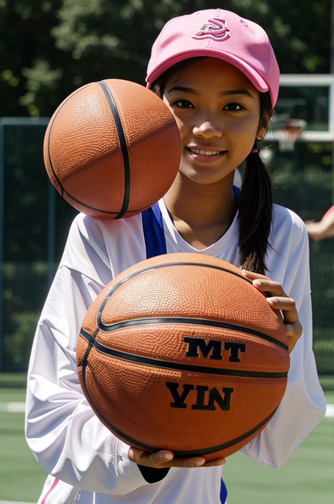 A single basketball ball with a pink cap