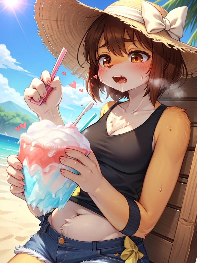 clothed Woman with hyperhidrosis , Sweat oozing out , Sweltering heat , My heart is beating fast with anticipation , shaved ice , summer sunny day , The moment I took a bite of the shaved ice, I was shocked.