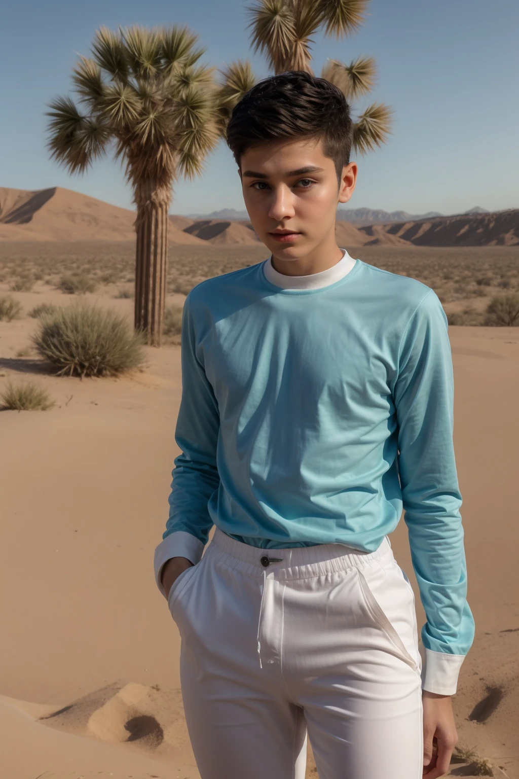 A beautiful young male twink with black hair and a face with makeup. He is wearing a white long-sleeved shirt with a tight fit and aqua blue pants. He is in the desert and looks proudly with his cheeks flushed.