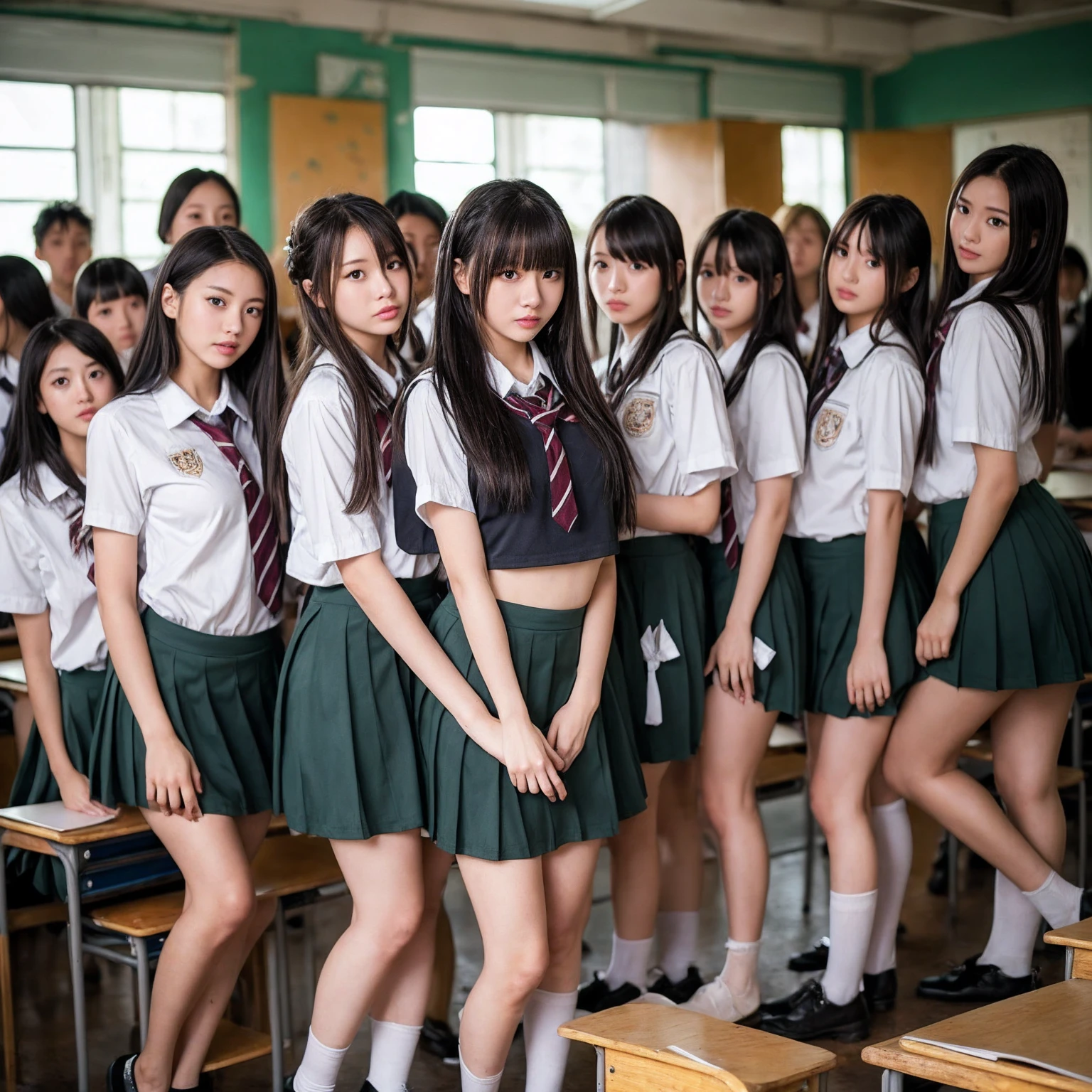 masterpiece,Highest quality,Bad group of female students, (In the classroom), snap shot、Revealing clothing、Various Hair Styles, Harem,Evil friend、 lure、Taunt、Bitch、Bad pose、Acting tough、Post-apocalyptic,Rough classroom、 Detailed aspect, Short skirt, lureする, , Dirty body, Broken glass