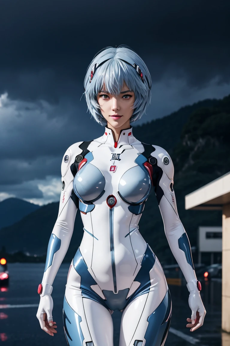 Evangelion,Rei Ayanami,Silver Blue Hair,Red eyes,Red Eyes,Plug Suit,Bodysuits,Interface Headset,白いBodysuits,Ultra HD,super high quality,masterpiece,Digital SLR,Photorealistic,Detailed details,Vivid details,Depicted in detail,A detailed face,Detailed details,Super Detail,Realistic skin texture,Anatomical basis,Perfect Anatomy,Anatomically correct hand,Anatomically correct fingers,Complex 3D rendering,Sexy pose,Rainy Sky,Beautiful scenery,Fantastic rainy sky,Picturesque,Pink Lips,smile,