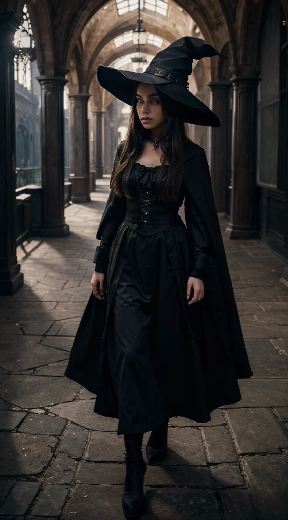 (1 girl:1.3), standing alone, offcial art, 8k unified wallpaper, ultra detaild, Beauthfull & Aesthetics, Beauthfull, work of art, best qualityer, Fantastic mysterious atmosphere, Serene mood, softshadows, European Witch, Charismatic Spells, Witch&#39;s Duty, witch&#39;s hat, ((mystery dinner)), (mysterious eyes), ((dynamic pose, face)), Long black dress, cinema color