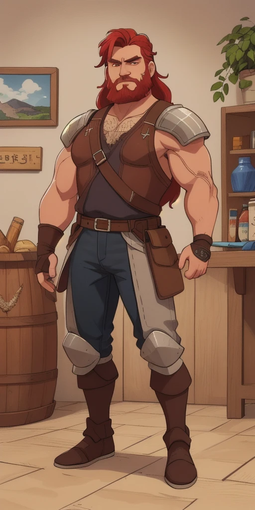 Ingólfr Einarr is a 40-year-old red-haired Viking man with a full and long beard, extroverted, muscular and very attractive, who wears his imposing medieval armor. hyper detailed and super realistic. cartoon style. Ingólfr Einarr is celebrating with a wooden jar of beer