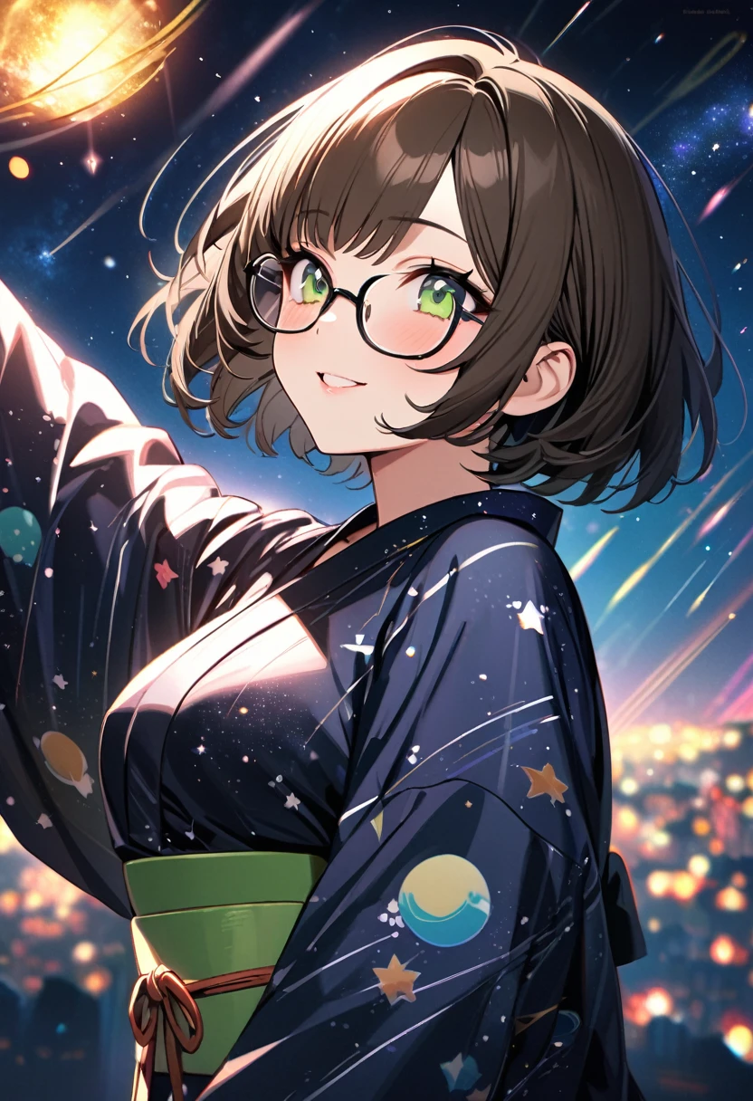 (Tanabata festival style), (in the detailed beautiful night, best sky of Galaxy), (solo:2, 32 yo, bob gloss brown hair short hair cute woman, cute sexy green eyes, glasses, glossy lips, love smile, medium tits, looking at sky), (in a cute yukata), break, background detailed Universe and Meteor shower, BREAK, perfect anatomy, masterpiece, best quality, 16k, beautiful detailed galaxy, daydreaming expression.