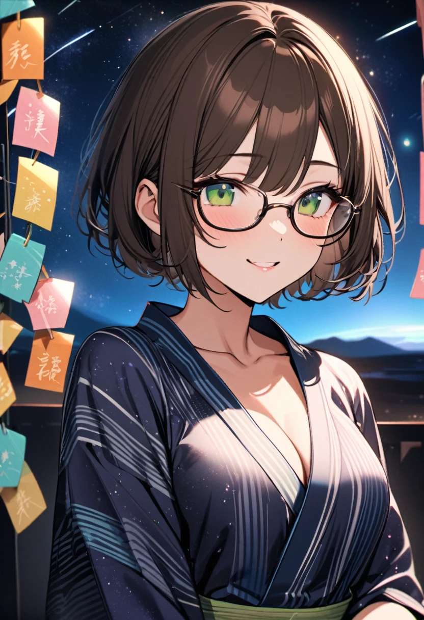 (Tanabata festival style), (in the detailed beautiful night, best sky of Galaxy), (solo:2, 32 yo, bob gloss brown hair short hair cute woman, cute sexy green eyes, glasses, glossy lips, love smile, medium tits, looking at sky), (in a cute yukata), break, background detailed Universe and Meteor shower, BREAK, perfect anatomy, masterpiece, best quality, 16k, beautiful detailed galaxy, daydreaming expression.