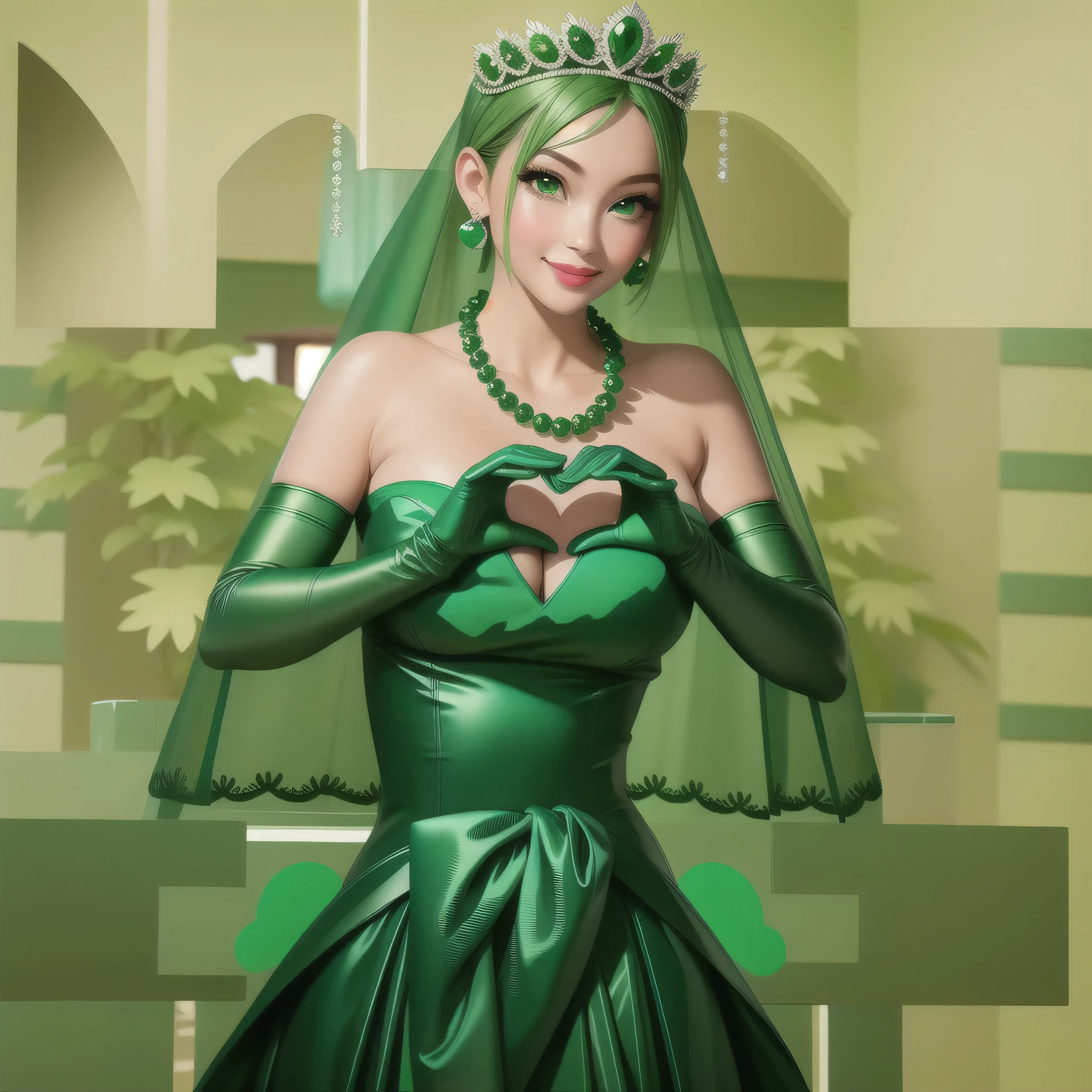 emerald tiara, Green Pearl Necklace, Boyish very short green hair, Green Lips, Smiling Japanese woman, Very short hair, Busty beautiful lady, Green Eyes, Green satin long gloves, Green Eyes, Emerald Earrings, Green veil, Heart with both hands, Green Hair, Beautiful Japanese Woman, Heart shaped hands:1.3, green lip gloss