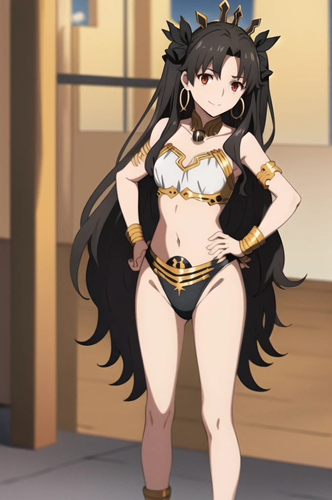 Highest quality, (masterpiece:1.2), detailed, Blurred Background,
Ishtar,
One Girl, alone, Open your mouth, A light smile,
Black Hair, Red eyes, Both sides up, Black Ribbon, Crown, Hoop Earrings,
White bikini top, black bikini bottom, Gold frame, - Elbow hand pockets, Knee socks, Asymmetrical legwear,
Are standing, Hands on hips, Looking at the audience,
Outdoor, desert