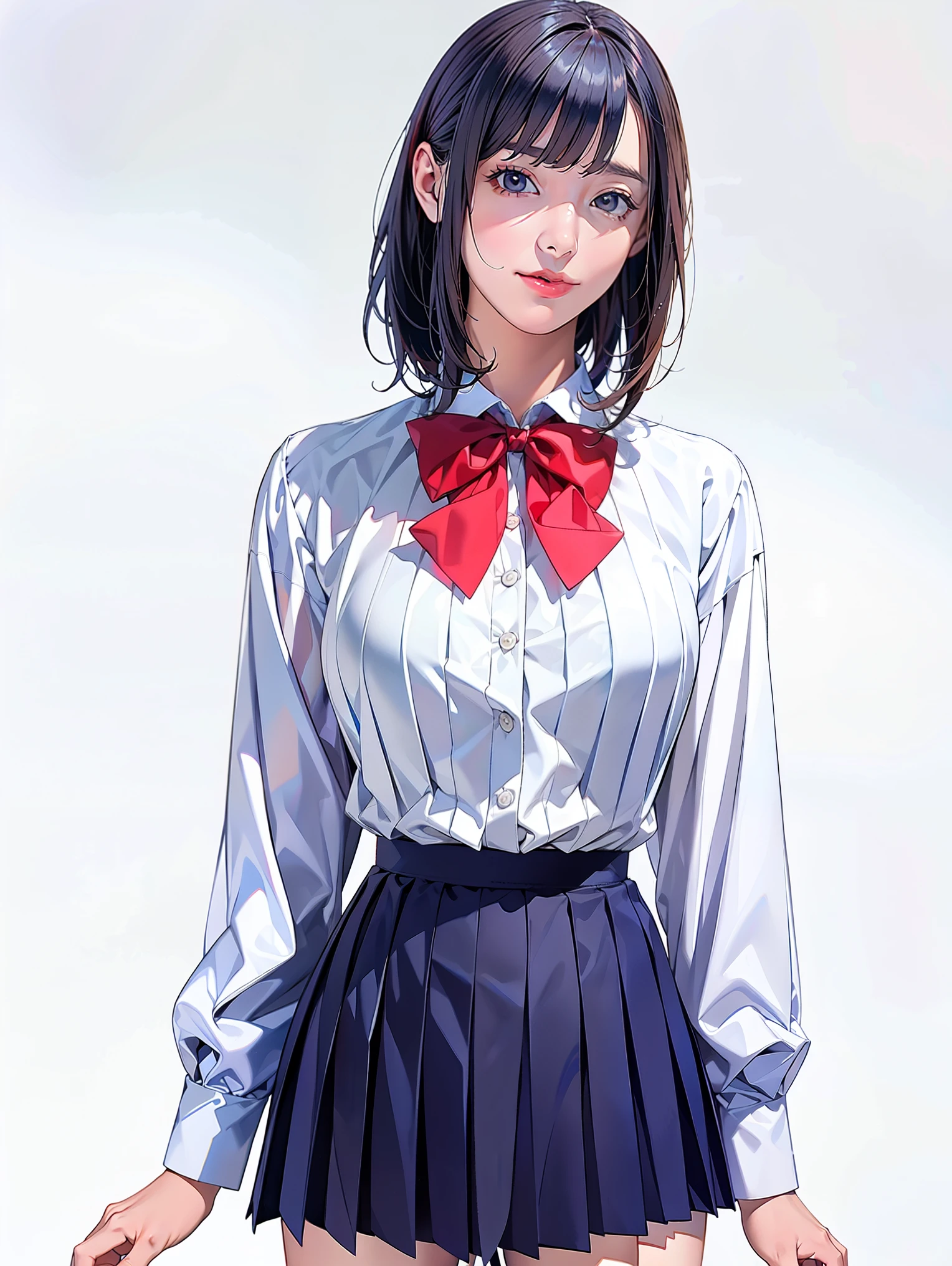 (Highest quality、Masterpiece、8K、Highest quality、Hyperrealism、Ultra HD)、(White polyester collared blouse:1.2)、(Navy Pleated Skirt:1.5)、( Red bow tie on chest:1.1)、Perfect Style、Perfect body line、Large Breasts、Slender body、Perfect beautiful anime style、Smooth anime CG art、(The simplest pure white background:1.1)、standing elegantly、(Panties shot from below:1.1)、 can see her panties:1.1)、Embarrassed expression、smile