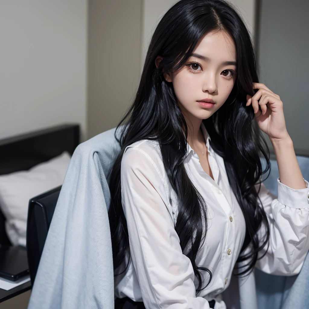 yearbook photo of a with long wavy black hair, with plain background, bust shot