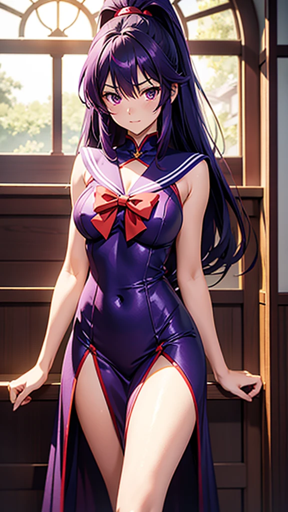 8K, Hino Rei, standing, very detailed, very good lighting, embarrassed expression, dark purple hair, split pompadour, sailor mars costume
