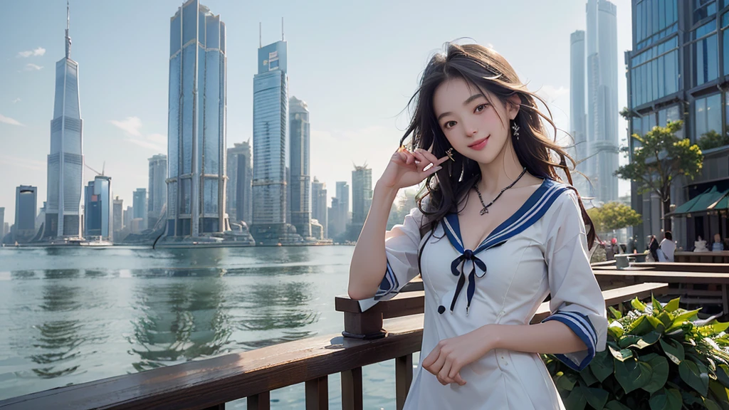 8K、RAW Photos、Highest quality、Super detailed、Super Resolution、Ultra HD、8K壁紙、Amazing details
(((Starbucks outdoor cafe、16 year old high school girl in sailor suit)))、Eat cake、Drink coffee、smile、Heart Necklace((Emphasize cleavage))
(Full body photo)
(((((Skyscrapers are visible)))))