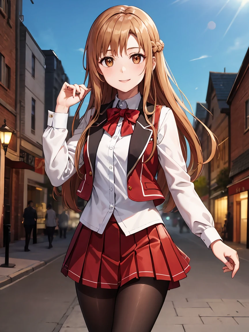 Tabletop, Highest quality, High resolution, Arsna, Long Hair, Brown Hair, Braiding, Brown eyes,White shirt,Red Skirt, Black Pantyhose,Cowboy Shot,Pleated skirt,Red vest,Close your mouth,A light smile, town,city,Fantasy,walking