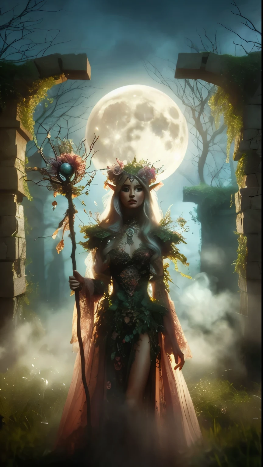 Full moon made for me; what reason falls the day? It's beauty, not often seen, when evening comes, and clouds line the way. In a dappled, ancient forest ruin, an Elf Princess stands tall, medium shot, full body shown, her scepter raised high, smoke atmospheric particles, sparkling flower and vine costume, ultra beautiful angry Forest Elfin Princess walking straight towards camera looking at the viewer with a penetrating angry gaze, very large eyes, ultra-high detail, perfect anatomical hands four fingers and a thumb, dynamic pose, forest background, covered in flowers and vines, Masterpiece, best quality, (zentangle, mandala, tangle, entangle), (fractal art:1.3) , 1girl, extremely detailed, lace, dynamic angle, thick oil on canvas art style, in the style of Rembrandt,